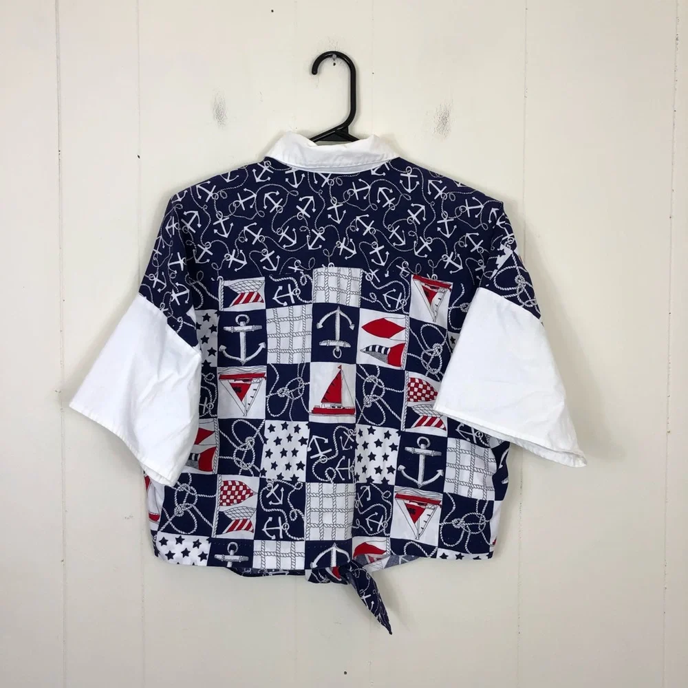 Vintage Nautical Print Button Down Crop Top Sz L - Picture 8 of 9